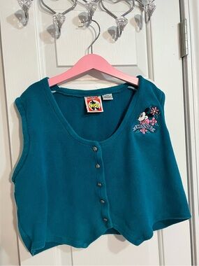 Vintage Minnie Mouse Teal Button-Front Vest Top